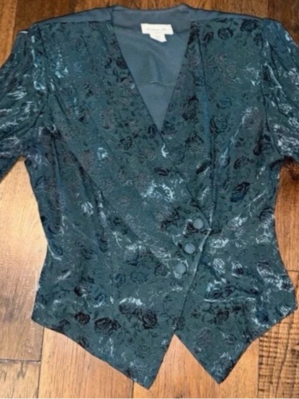 Vintage 1970s Dark Green Floral Jacquard Women's Blouse with Buttoned Front